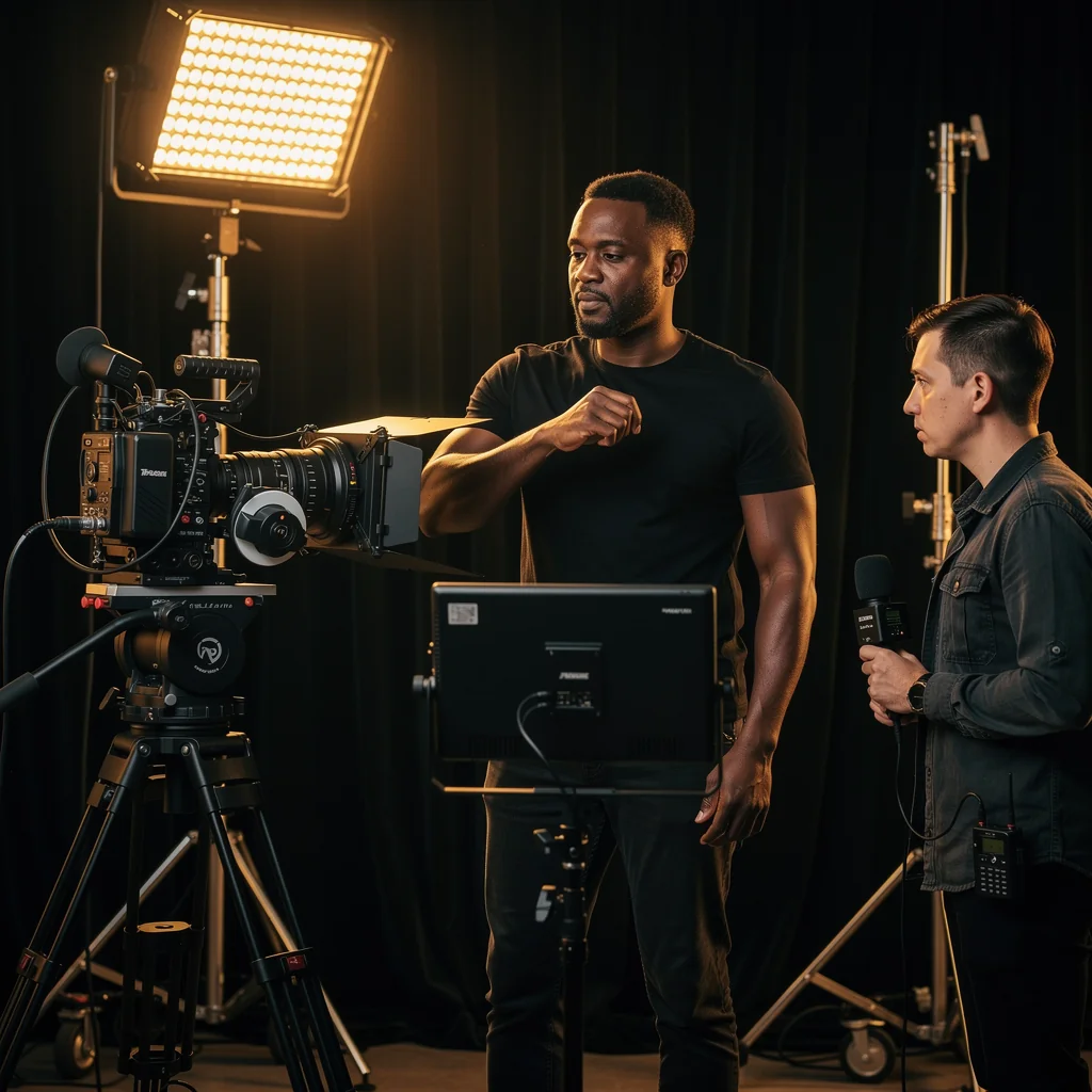 Cinematic camera setup in a dark, moody environment